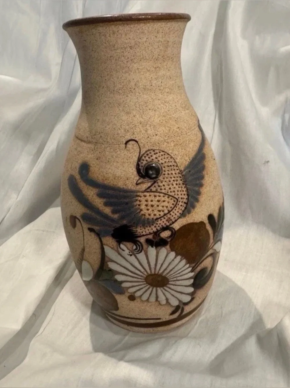 Tonala Handmade Pottery Mexican Blue Bird/Floral Flower Vase Signed.  Almost 9”
